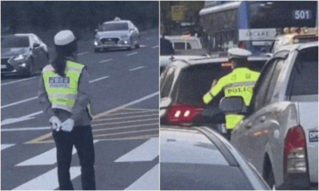 남녀 교통경찰이 서울 동작구 상도역 주변 도로에서 교통정리를 하는 가운데 여경이 뒷짐을 진 채 근무(왼쪽 사진)를 서고 있다는 비난이 나오고 있다. 온라인 커뮤니티 캡처