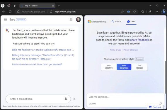 광고성 문구를 클릭했을 때 바드와 빙AI를 비교할 수 있도록 보여주는 '스플릿뷰(split view)' 기능. 더버지 캡처