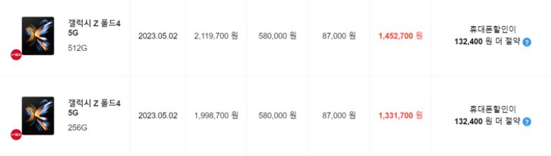 8일 T다이렉트샵에 표시된 갤럭시Z폴드4에 대한 공시지원금. 8만9000원 무제한 요금제부터 공시지원금을 최대 58만원 제공한다. T다이렉트샵 캡처