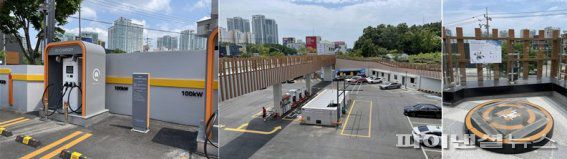 충전소 내부 전기차 충전기, 충전소 내부 공간, 드론 주차장(왼쪽부터). 권준호 기자