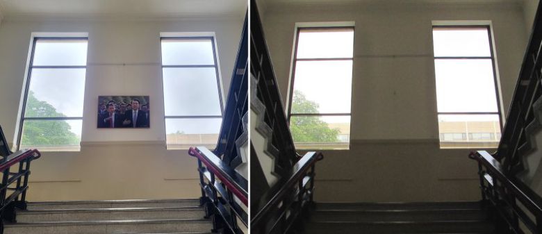 1일 충북도청 2층 계단 통로 중앙에 걸려 있던 윤대통령과 김영환 충북지사의 사진이 철거됐다. 충북도가 본관 갤러리에 윤 대통령 취임 1주년을 기념 사진전을 연 지 하루 만이다. 사진전을 열자 시민단체 등에서 비판 여론이 거세게일었다. 사진은 사진 철거 전(왼쪽)과 철거 후(오른쪽) 모습.