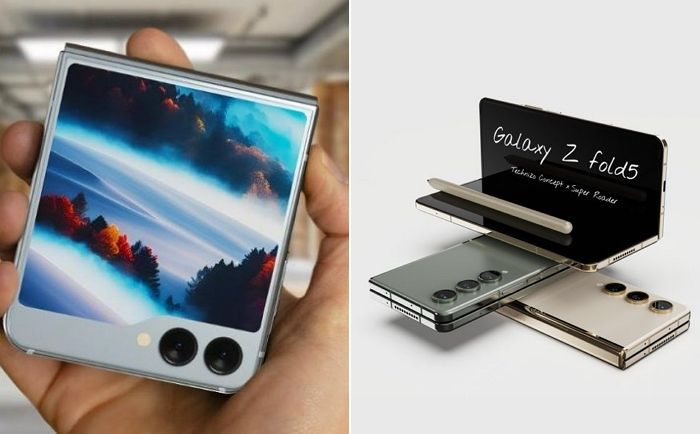 (왼쪽부터)갤럭시Z플립5, 갤럭시Z폴드5 예상 렌더링 이미지 / 사진=TT테크놀로지 유튜브(왼) 테크니조 콘셉트 및 슈퍼 로더(오)