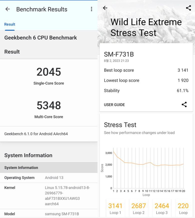 긱벤치6(왼쪽)와 3D마크 앱으로 성능실험한 결과