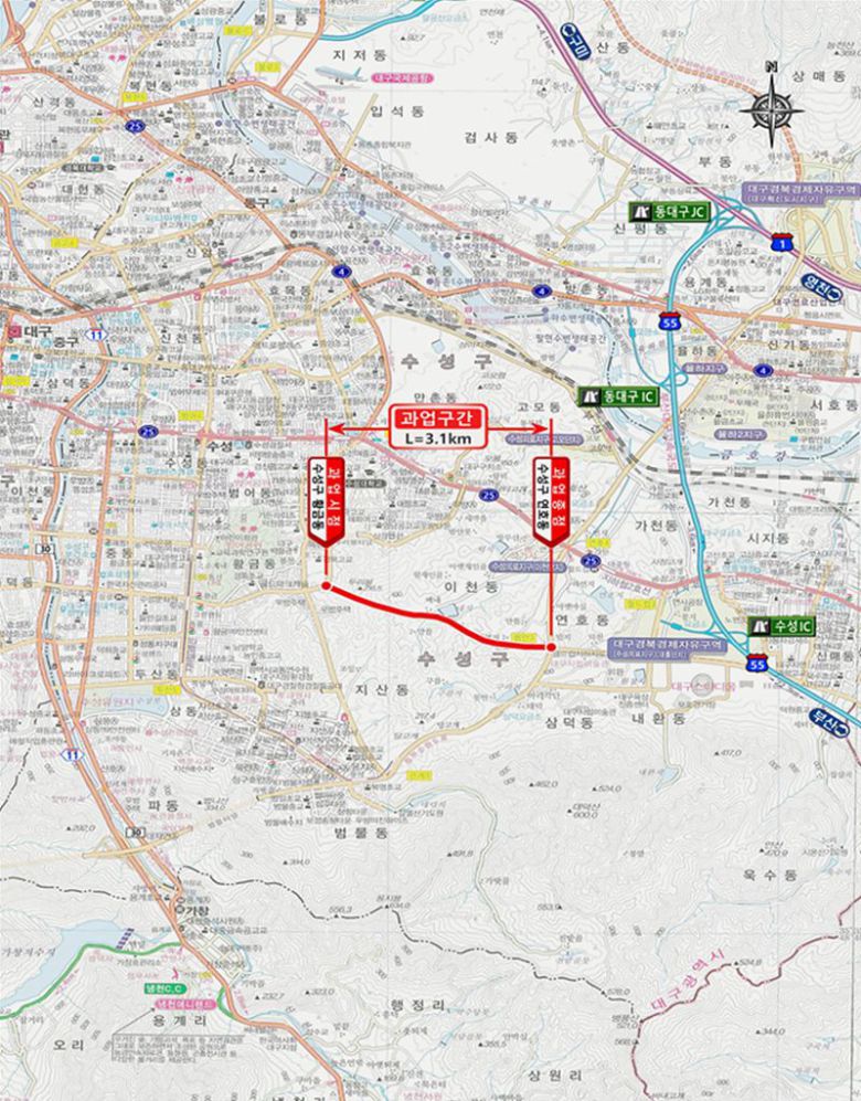 예비타당성조사 대상사업에 선정된 '황금동~범안삼거리' 도로 개설 위치도.