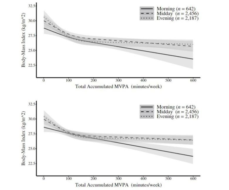 중·고강도 신체활동 시간대 및 총시간과 BMI 연관성 그래프. 위는 나이, 성별, 인종, 교육, 흡연, 음주, 앉아서 생활하는 시간을 반영한 모델, 아래는 건강한 식습관 지수 및 체중 킬로그램당 에너지 섭취량을 반영한 모델. /사진=Tongyu Ma et al./Obesity 제공, 연합뉴스