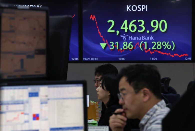 코스피 지수가 장중 1%대를 하락한 26일 서울 중구 하나은행 명동점 딜링룸에 코스피 지수가 표시되고 있다. 뉴스1 제공