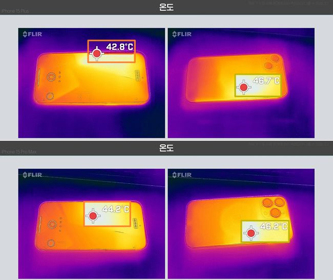 아이폰15 플러스 및 프로맥스 모델에서 발열 현상이 포착된 모습. 유튜브 '뻘짓연구소' 캡처