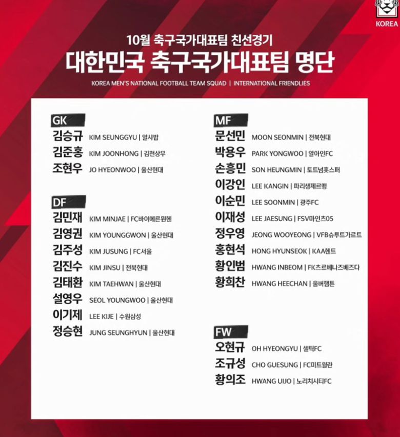 10월 A매치 명단 (KFA)