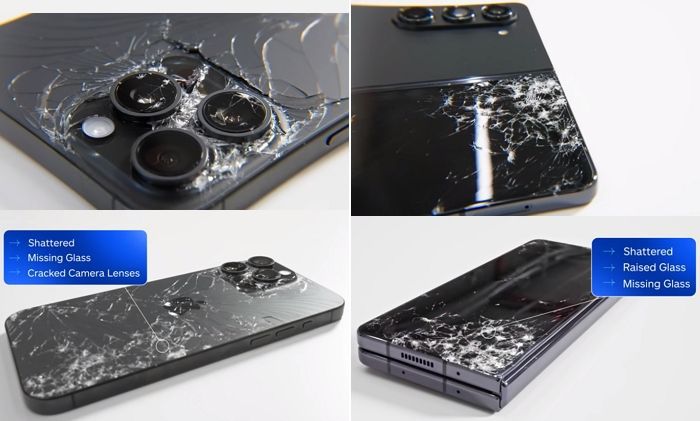 후면 테스트의 경우 아이폰15 프로 맥스와 갤럭시 Z폴드5 두 기기 모두 크게 손상을 입었다. 올스테이트 프로텍션 플랜