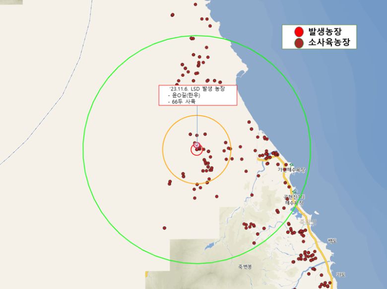 6일 강원 고성군 간성읍 한 한우농가에서 럼피스킨병이 발생했다. 사진은 발생 농장 지도. 강원특별자치도 제공