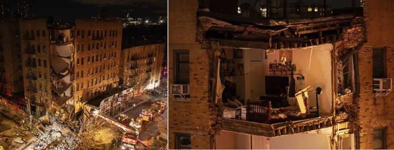 마치 뜯긴 듯이 1층부터 7층까지 한 줄씩 무너진 아파트(왼쪽사진). 무너진 아파트의 한 가정집 내부가 드러나 있다. AP뉴시스