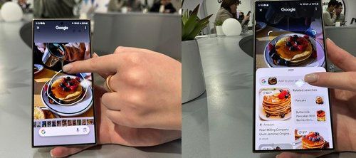 지난 16일(현지시간) 미국 캘리포니아 새너제이 시그니아 힐튼 호텔에서 열린 미디어 행사에 전시된 갤럭시 S24 시리즈 기기로 삼성전자가 구글과 협력해 선보이는 '서클 투 서치(Circle to Search)' 기능을 체험하고 있다. 연합뉴스