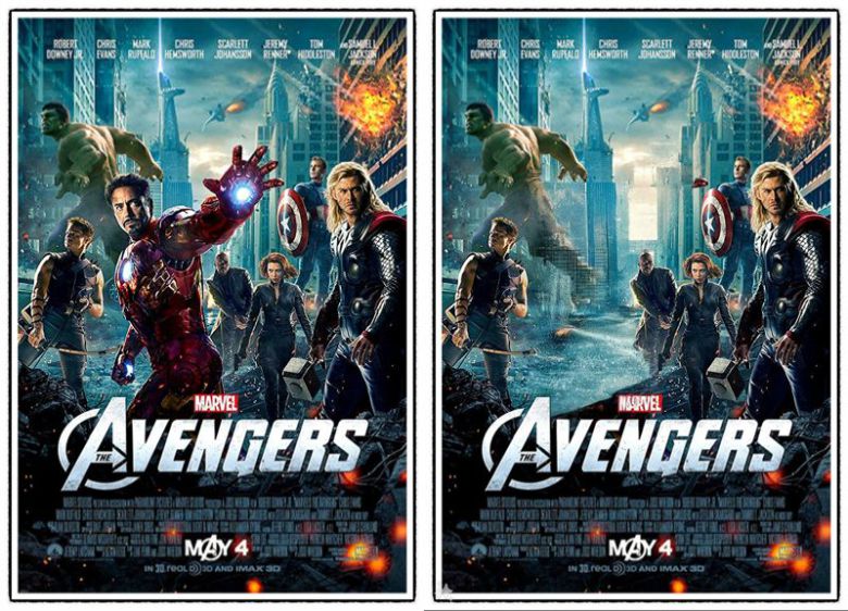 영화 어벤져스 포스터에서 생성형 AI 편집 기능을 활용해 아이언맨을 지운 모습(오른쪽). 사진=구자윤 기자