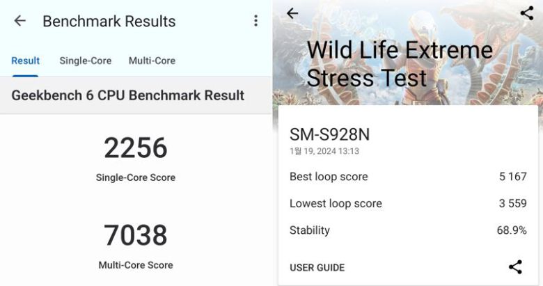 갤럭시S24울트라 긱벤치6(왼쪽), 3D마크 '와일드 라이프 익스트림 스트레스 테스트' 실행 결과. 사진=구자윤 기자