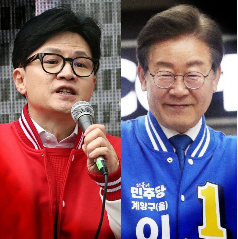 한동훈 국민의힘 총괄선대위원장과 이재명 더불어민주당 대표가 28일 선거유세를 하고 있다. 뉴스1