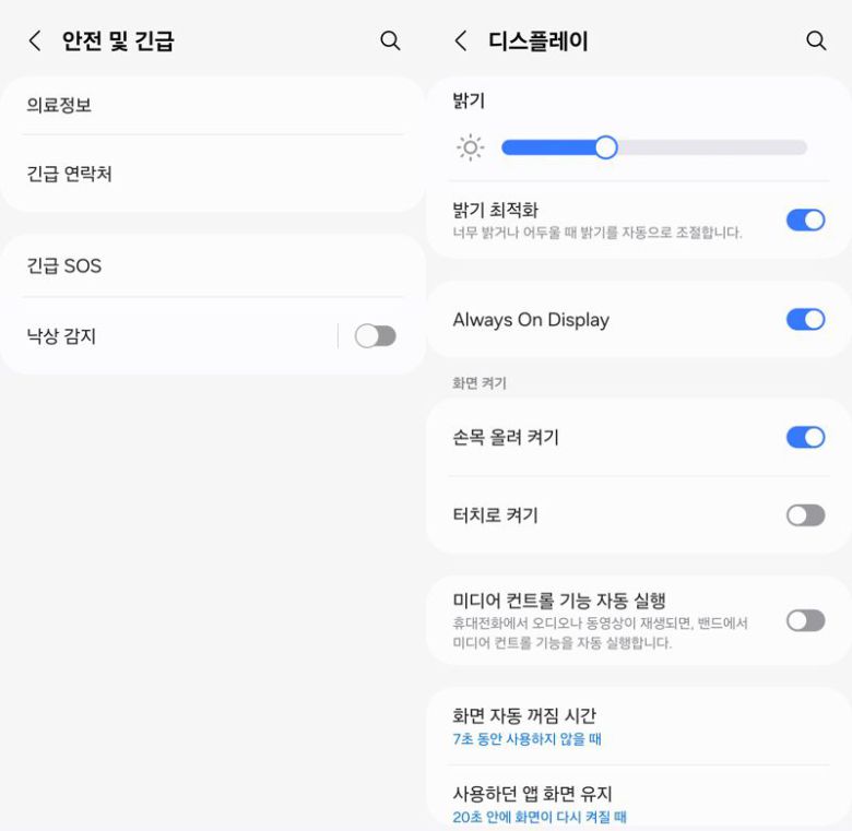 낙상 감지·긴급 SOS 기능(왼쪽)과 디스플레이 설정 부문. 사진=구자윤 기자