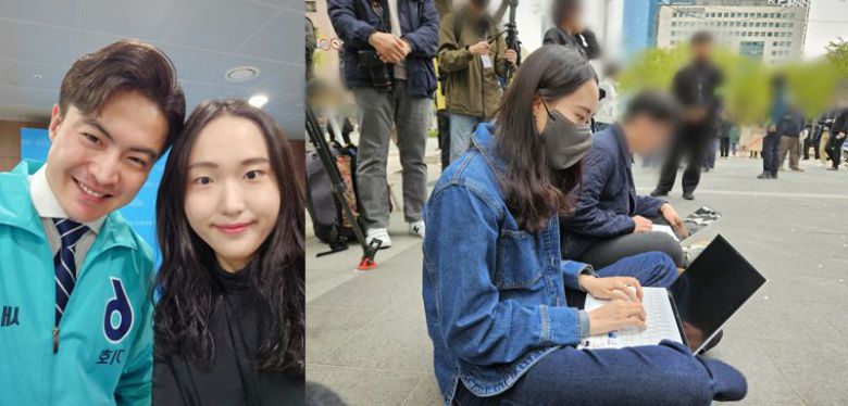 (좌) 제22대 총선일 전날인 9일 국회 소통관에서 기자회견을 마친 오영환 새로운미래 총괄상임선대위원장과 본지 김예지 기자(오른쪽)가 기념촬영하고 있다. (우) 지난 8일 여의도 우체국 앞에서 열린 이재명 더불어민주당 대표의 서울 영등포을 김민석 후보 지지유세 현장에서 취재에 열중하고 있다.