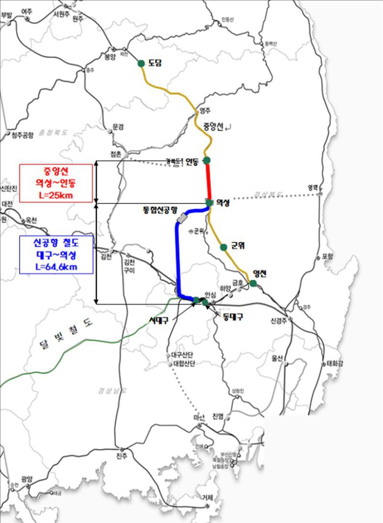 대구~신공항~의성을 잇는 대구경북 신공항철도 노선도. 뉴스1