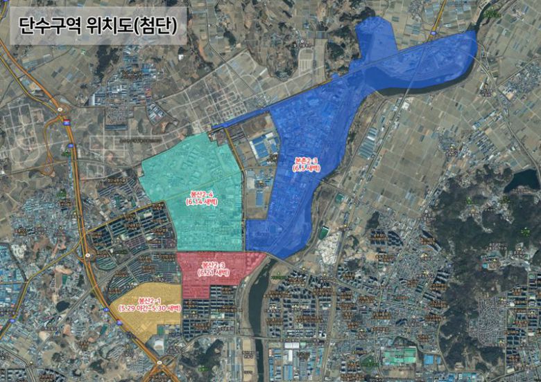 광주광역시 상수도사업본부는 광산구 월계동·쌍암동, 북구 오룡동·월출동·대촌동 일부 지역의 수돗물 공급을 오는 29일부터 6월 21일까지 야간(오후 11시~다음날 오전 3시)에 순차적으로 일시 중단한다고 밝혔다. 사진은 단수 예정 지역 위치도. 광주광역시 상수도사업본부 제공