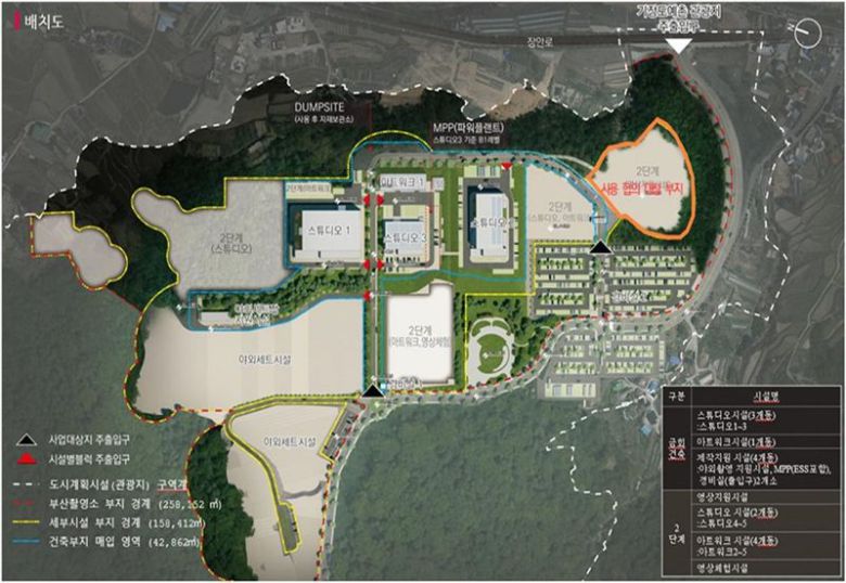 부산시와 기장군, 영진위가 부산촬영소 부지 내 ‘OTT 거점 부산촬영스튜디오’를 조성키로 상호 협약을 맺었다. 사진은 부산촬영소 부지 내 OTT 부산촬영스튜디오 배치 계획을 그린 배치도. 부산시 제공