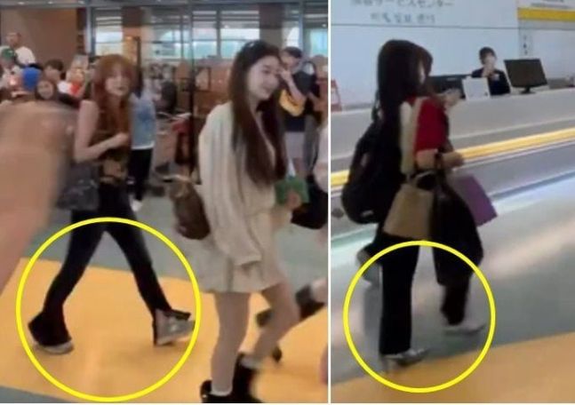 출국 전 구두를 신었던 슬기가 대만 도착 이후 운동화를 신고 있는 모습. 사진 뉴스1·온라인 커뮤니티 캡처