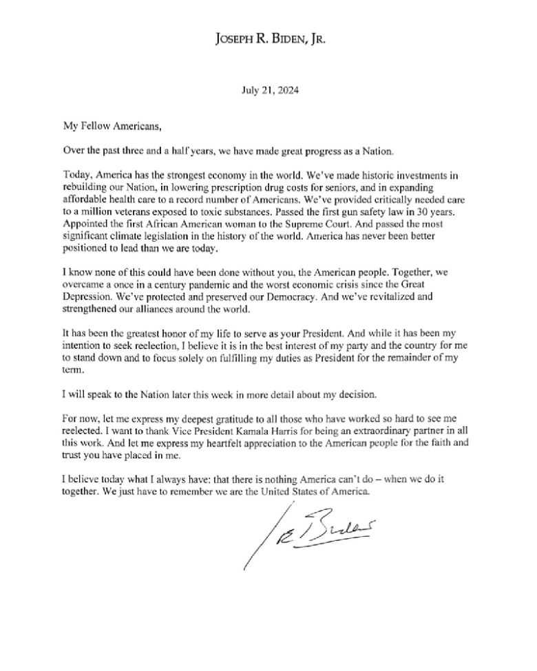 조 바이든 미 대통령 대선 후보 사퇴 성명. X