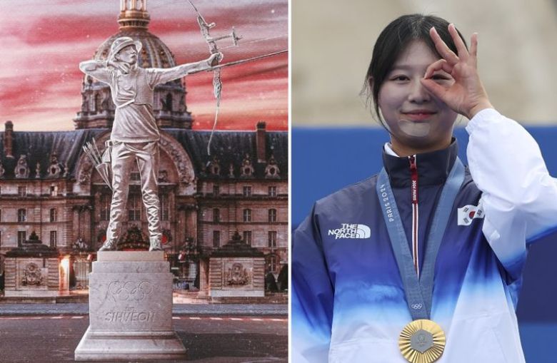 2024 파리 올림픽에서 양궁 3관왕을 달성한 임시현 선수의 동상(왼쪽). 임시현이 3일(현지시간) 프랑스 파리 앵발리드에서 열린 2024 파리 올림픽 양궁 여자 개인전 결승전에서 금메달을 획득한 후 세리머니를 하고 있다. 사진=파리 올림픽 조직위 인스타그램, 연합뉴스
