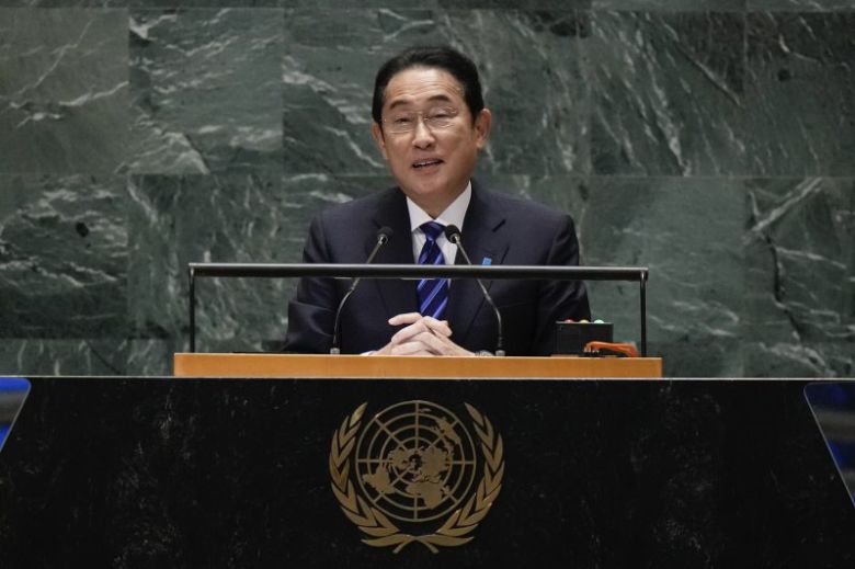 기시다 후미오 일본 총리가 22일(현지시간) 미국 뉴욕 유엔본부에서 열린 미래 정상회의 총회에서 연설하고 있다. 뉴시스