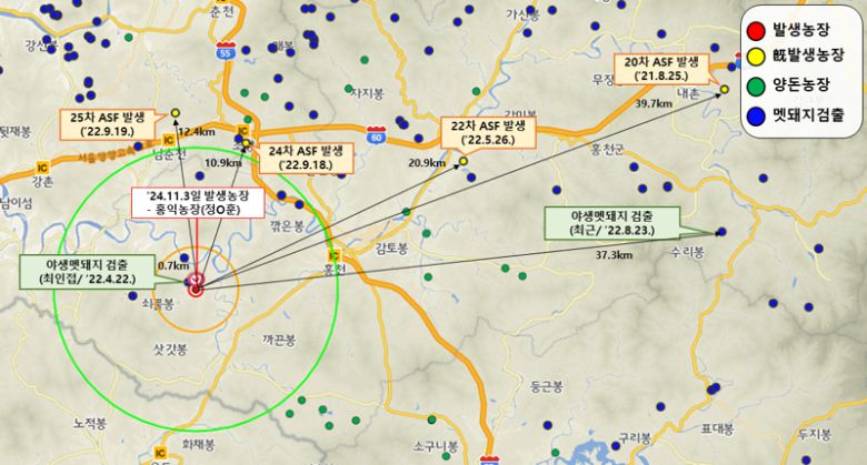 홍천군 아프리카돼지열병 방역대 지도. 강원자치도 제공