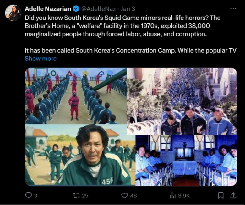 아델 나자리안의 X계정에 올라온 오징어게임과 형제복지원 /사진=X