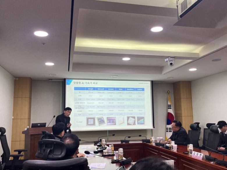 김대현 삼성리서치 글로벌 AI센터장(사진 왼쪽)은 14일 고동진 국민의힘 의원이 국회의원회관에서 개최한 간담회에서 맞춤형 AI 가속기에 대해 설명하고 있다. 사진=임수빈 기자