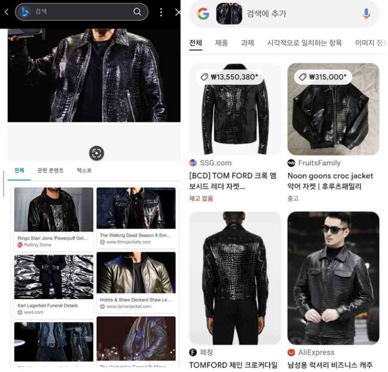 젠슨 황 엔비디아 CEO가 입은 유광가죽점퍼를 AI 셀렉트(왼쪽)와 서클 투 서치로 검색한 결과값. 사진=구자윤 기자