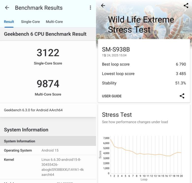 긱벤치6(왼쪽)와 3D마크 와일드 라이프 익스트림 테스트로 실행한 벤치마크 결과. 사진=구자윤 기자