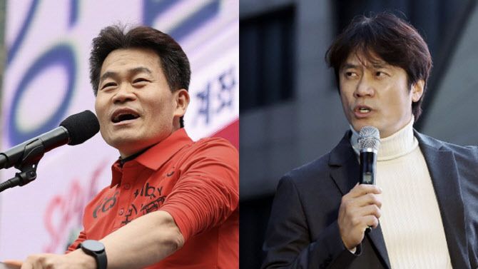 15일 광주 금남로에서 열린 윤석열 대통령 탄핵 찬성 집회와 탄핵 반대 집회에 각각 참석해 연설하고 있는 유명 한국사 강사 전한길씨(왼쪽)와 황현필씨(오른쪽).(사진=연합뉴스)