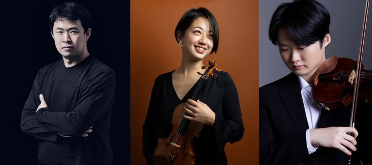 부산시립교향악단 음악감독 홍석원과 협연자로 나서는 바이올리니스트 최송하·유다윤(왼쪽부터).