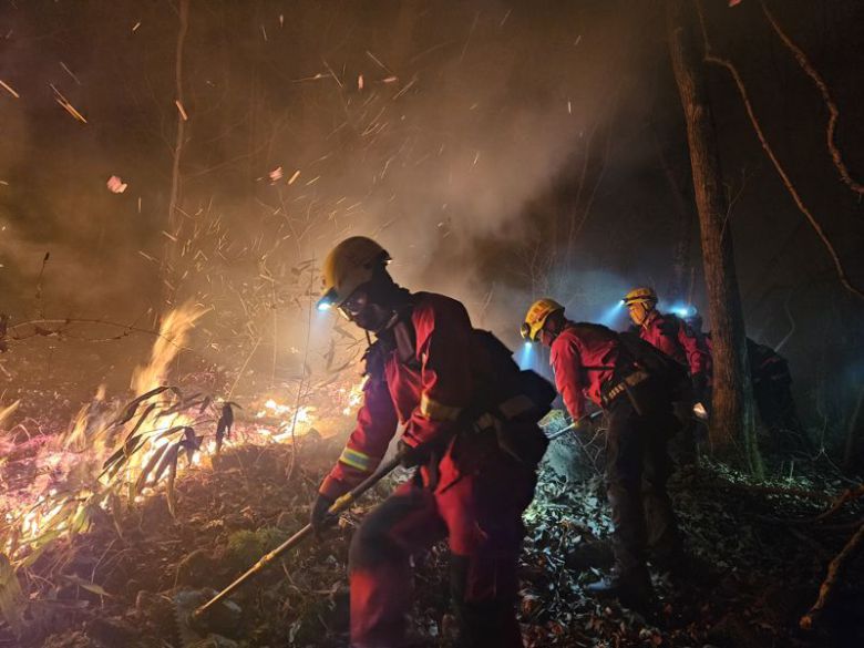 산불진화대원들의 야간 산불 진화 모습