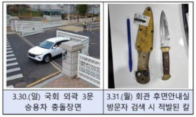 국회사무총장 명의로 의원실에 배포된 안내문에 최근 국회 외곽문 차량 충돌, 위험 물품의 의원회관 반입시도 등을 알리는 사진. /사진=노종면 의원 페이스북