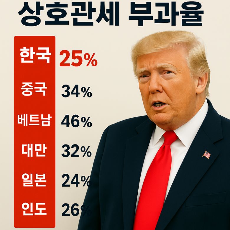 도널드 트럼프 미국 대통령이 2일(현지시간) 발표한 주요국 상호관세 부과율. 이미지='챗GPT 이미지 젠' 생성