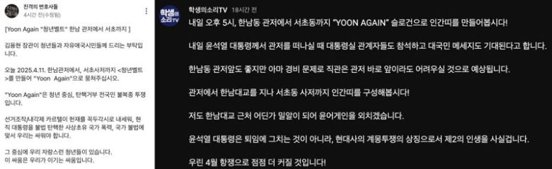 보수 유튜브 채널에 '인간띠' 계획을 알린 글. /사진=유튜브 캡처