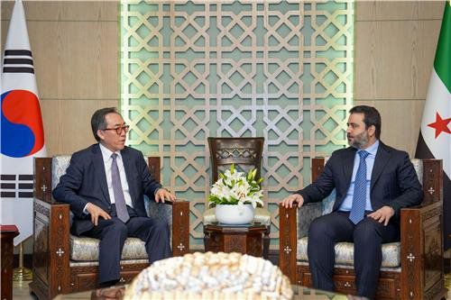 조태열 외교부 장관과 아스아드 알 샤이바니 시리아 외교장관은 10일(현지시간) 시리아 수도 다마스쿠스에서 양자회담을 가졌다. 사진=외교부