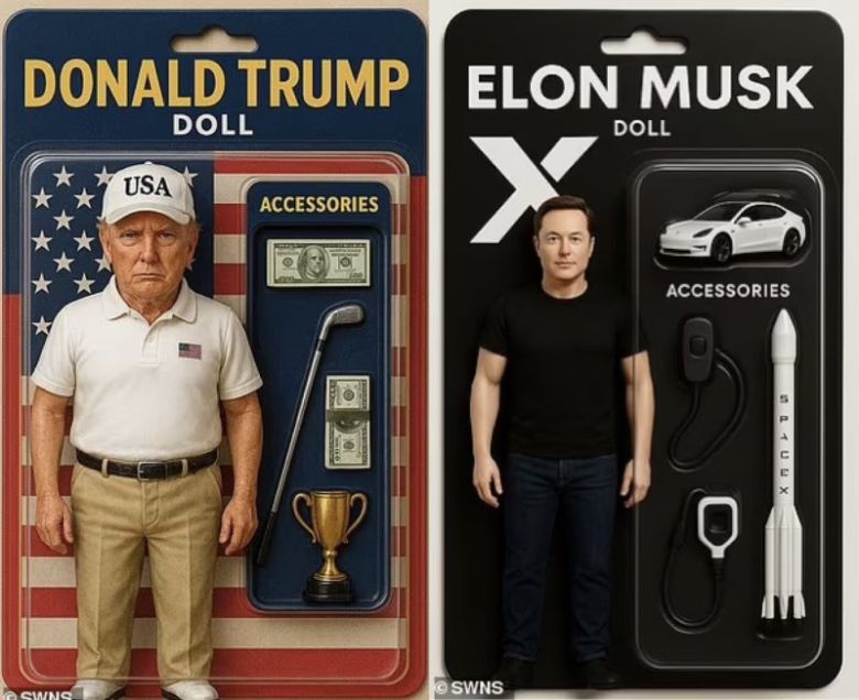 [서울=뉴시스] 도널드 트럼프 미국 대통령과 일론 머스크 테슬라 최고경영자(CEO)의 바비코어 인형. (출처=데일리메일) 2025.04.14. photo@newsis.com *재판매 및 DB 금지 /사진=뉴시스                                    X(옛 트위터)에서 공유 중인 유명인사들의 바비 코어 이미지. X 캡처