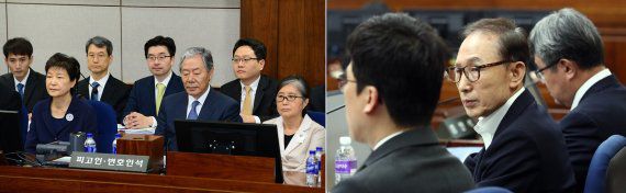 박근혜 전 대통령이 2017년 서울중앙지법 417호 대법정에서 열린 뇌물혐의에 대한 첫 번째 공판에 최순실씨와 함께 출석, 피고인석에 앉아 있는 모습. 오른쪽 사진은 뇌물수수와 횡령 등 혐의로 구속기소 된 이명박 전 대통령이 2018년 같은 법정에서 열린 첫 공판에 출석해 피고인석에 앉아 있다. 사진공동취재단 /사진=연합뉴스