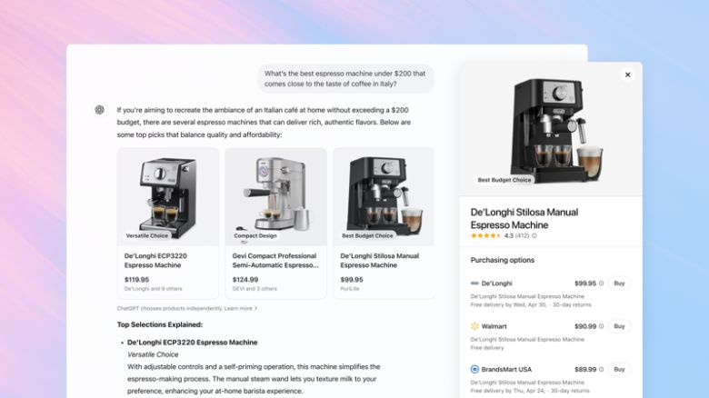 챗GPT에서 에스프레소 커피 머신을 검색한 후 챗GPT 내에 보여진 모습. 오픈AI 제공