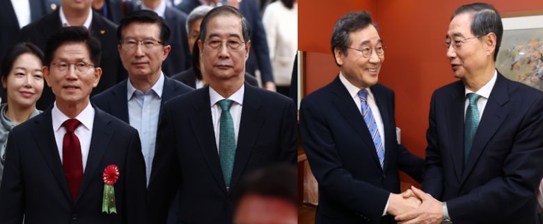 왼쪽 사진은 김문수 국민의힘 대선후보와 한덕수 무소속 예비후보, 오른쪽 사진은 이낙연 새미래민주당 상임고문과 한 후보. /사진=뉴스1