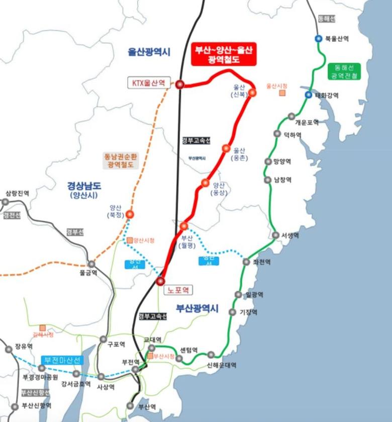 울산~양산~부산 광역철도(빨간색)