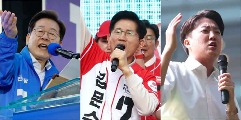 2025년도 대선 공식 선거운동이 시작된 지난 12일 더불어민주당 이재명 후보, 국민의힘 김문수 후보, 개혁신당 이준석 후보(왼쪽부터)가 지지를 호소하는 연설을 하고 있다. 연합뉴스