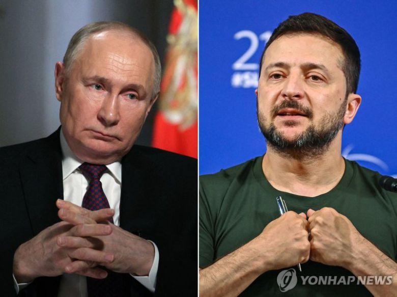 블라디미르 푸틴 러시아 대통령(왼쪽)과 볼로디미르 젤렌스키 우크라이나 대통령. 연합뉴스