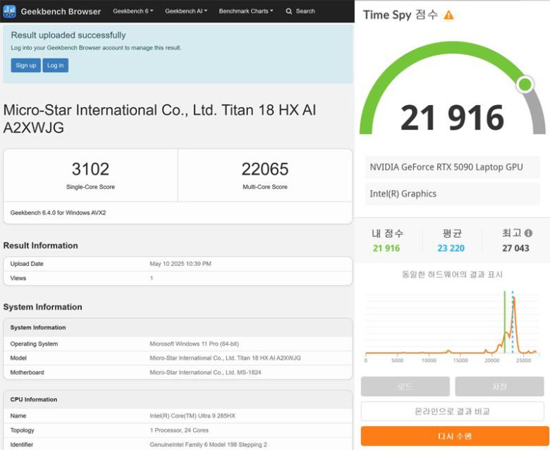 긱벤치 6와 3D마크 타임스파이로 'MSI 타이탄 18 HX AI' 성능을 실험한 결과. 사진=구자윤 기자