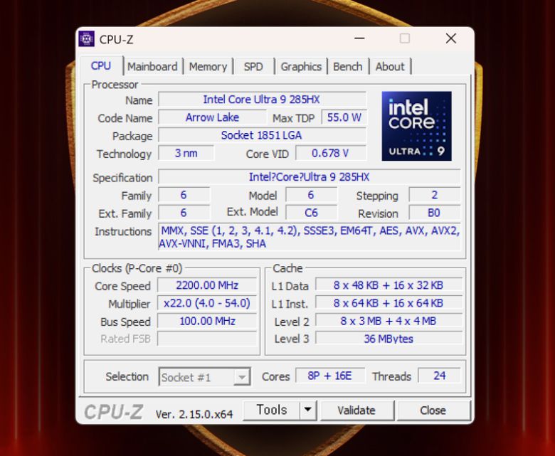 CPU-Z 앱을 통해 MSI 타이탄 18 HX AI에 인텔 코어 울트라 9 285HX가 탑재돼 있는 걸 알 수 있다. 사진=구자윤 기자