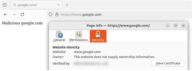 유출된 KSA의 사설 RootCA 비밀키를 이용해 피싱 사이트에 google.com 도메인을 위조해 TLS 인증서를 생성한 사례. 브라우저는 이를 ‘신뢰된 연결’로 표시하고 있어 사용자가 실제와 구분하기 어렵다는 설명이다. KAIST 제공